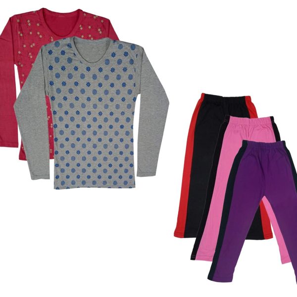 IndiWeaves Girls Cotton Full Sleeve Printed T-Shirts and Cotton Capri 3/4 Pants (Black,Pink,Purple,Maroon,Grey,15-16 Years) Pack of 5