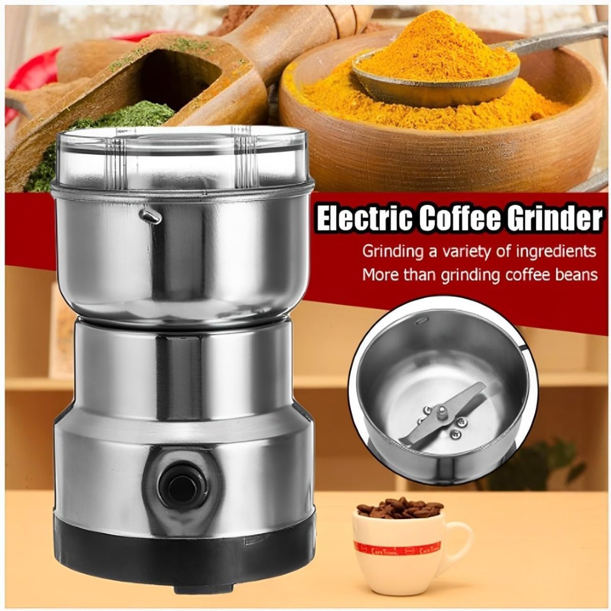 Hempi Homes Nima Stainless Steel Multifunctional Electric Grinder & Coffee Maker - Mini Spice, Coffee, and Masala Grinder for Beans, Nuts, and Grains - Household Mixer Grinder (Silver) - Image 6
