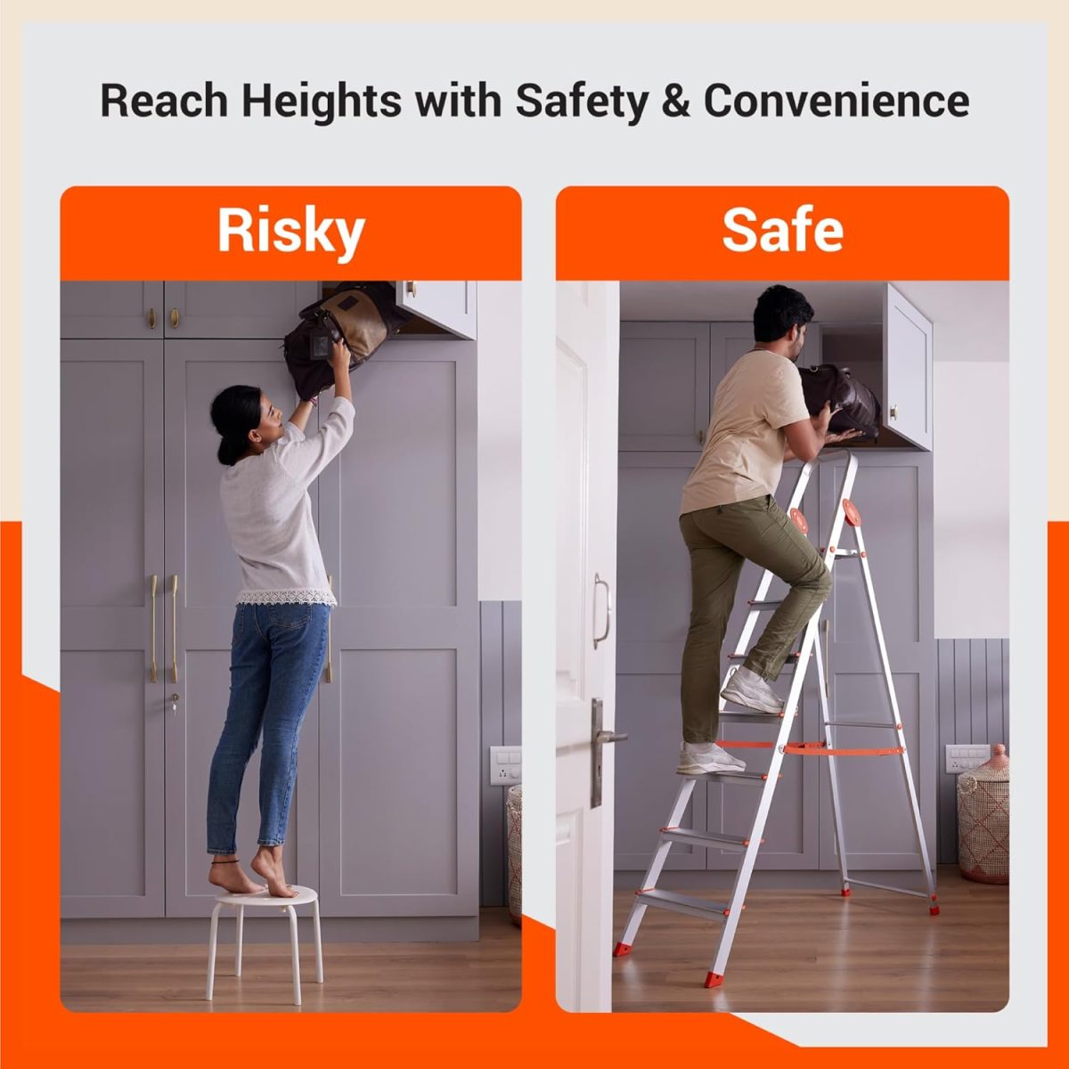 Bathla Advance 5-Step Foldable Aluminium Ladder for Home | Heavy Duty & Anti-Slip Steps | 5 Year Manufacturer Warranty | with Sure-Hinge Technology (Orange) - Image 4