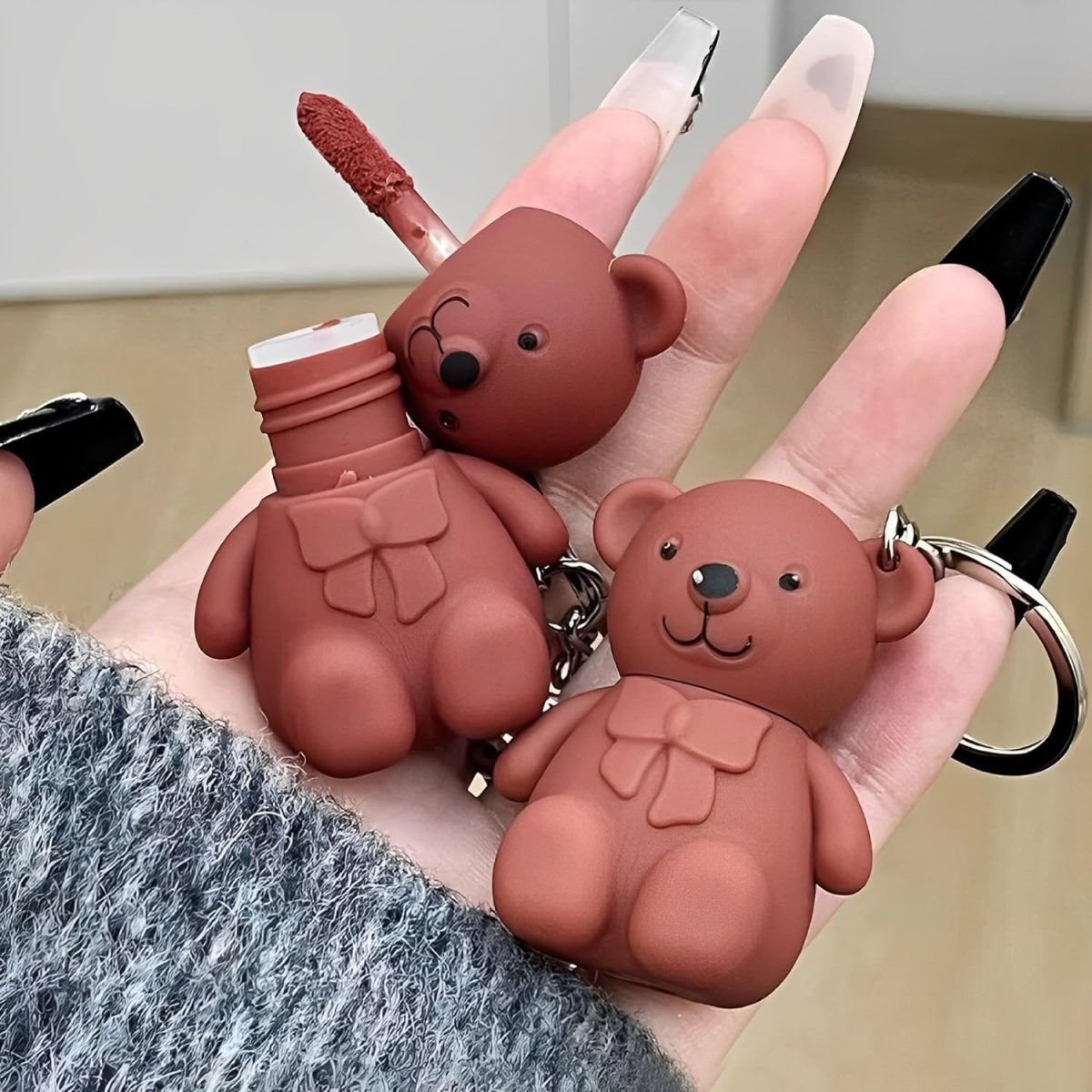 Cute 2in1 Matte Teddy Bear Keychain Lipstick | Long Lasting, Non-Sticky and Non-Drying, Lip Mud Velvet Shades For Lip Plumping Waterproof, Hydrating and Moisturizing Lip Oil (2Pcs) - Image 3