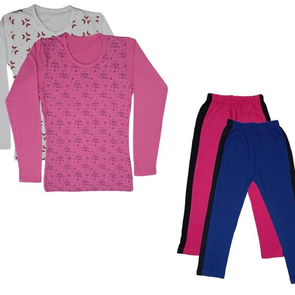 IndiWeaves Girls Cotton Full Sleeve Printed T-Shirts and Cotton Capri 3/4 Pants (Magenta,Blue,White,Pink,12-13 Years) Pack of 4