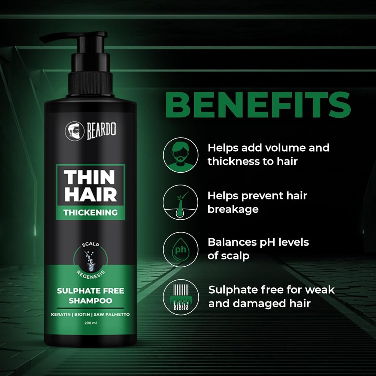 BEARDO Thin Hair Thickening Sulphate Free Shampoo for Men 200 ml | With Biotin, Keratin, Saw Palmetto | Sulphate and Paraben Free Shampoo | For Strong & Thick Hair - Image 5