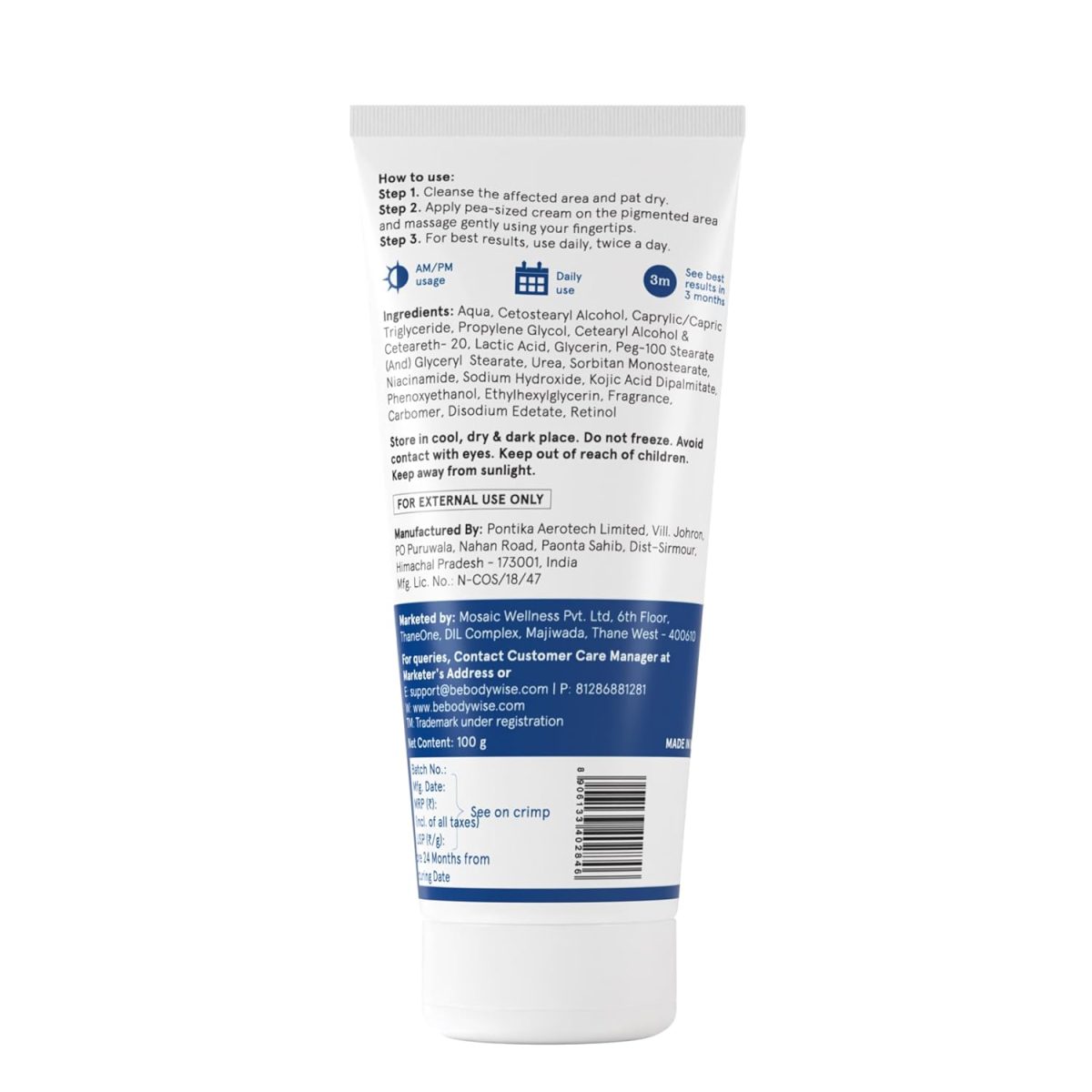 Be Bodywise Pigmentation Cream 100gm | 2.5% Lactic Acid, 2% Urea, Retinol & Kojic Acid | Reduces Tan, Pigmentation & Evens Skin Tone | Treats Dark Patches & Rough Skin on Elbows, Knees, Back of Neck & Thighs | For Daily Use - Image 8
