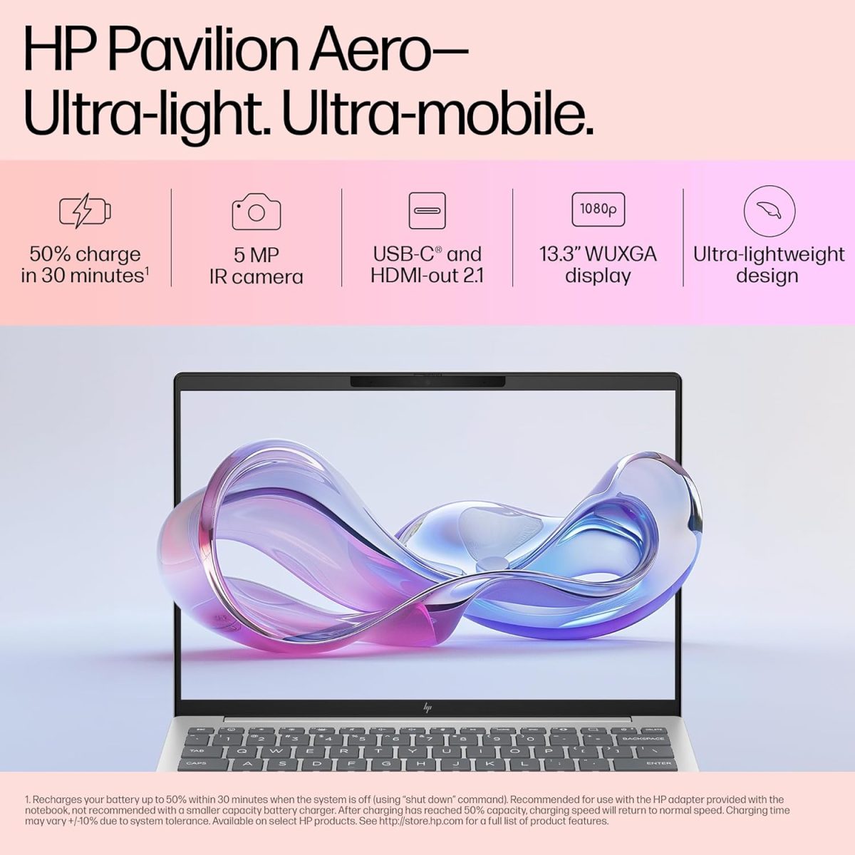 HP Pavilion Aero, AMD Ryzen 5-8640U AI Laptop (16GB RAM, 512GB SSD), WUXGA, 13.3"/33.8cm, Win 11, Office 2021, Silver, 1Kg, AMD Radeon Graphics, Ultra-Light, 5MP Camera, bg0016AU - Image 2