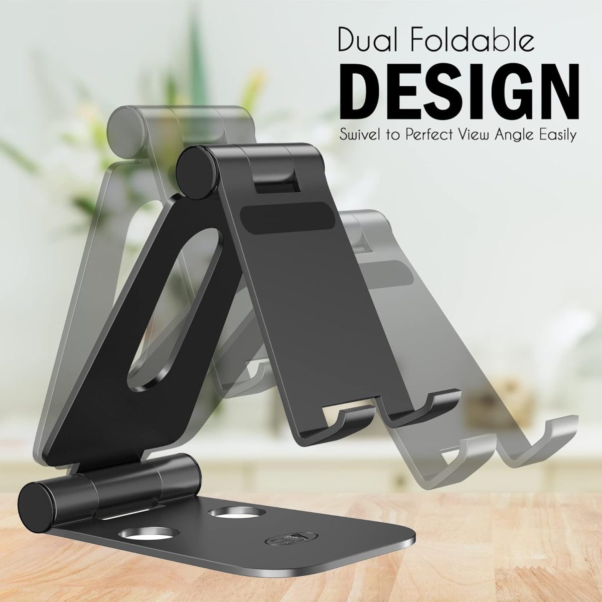 ELV Aluminum Adjustable Mobile Phone Foldable Holder Tabletop Stand, Dock Mount for All Smartphones, Tabs, Kindle, iPad (Black) - Image 3