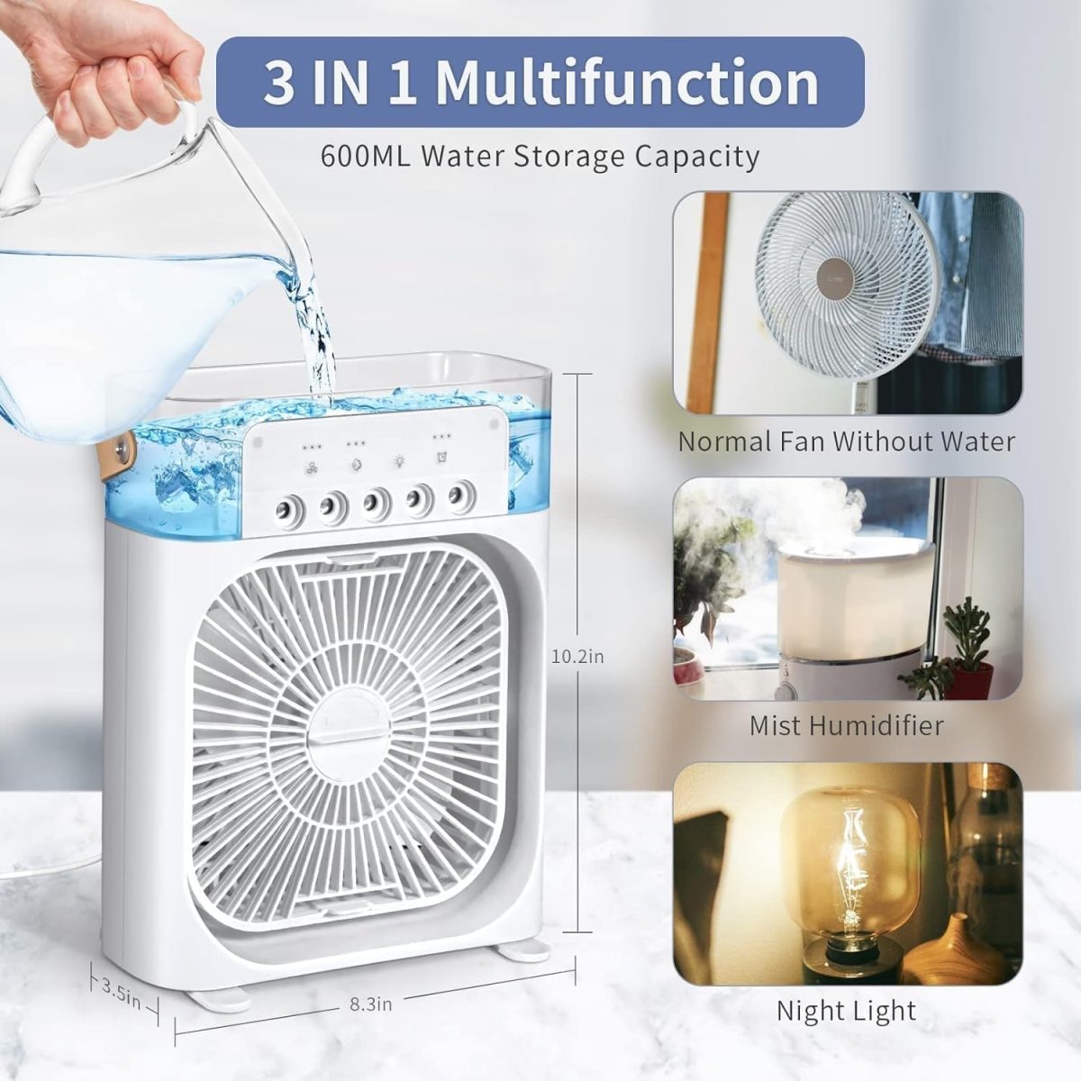 Mabron Air Conditioner Fan, Personal Mini Small Evaporative Air Cooler Desktop Cool Mist Humidifier with 7 Colors LED Light, 3 Speeds Modes for Room Office Home Travel - White_Multicolor - Image 3