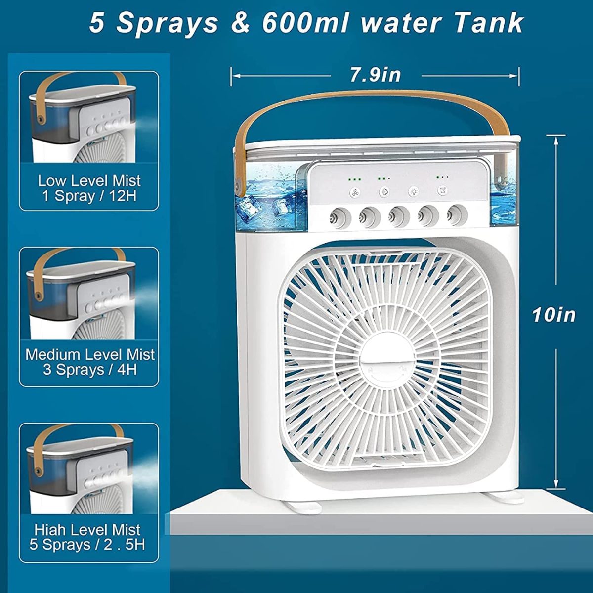 ConvertKitchen Portable Air Conditioner Fan, 500 ml Water Tank USB Personal Cooler, Mini Humidifier Fan with 7 Colors LED Light, 3 Timer, 3 Wind Speeds, 3 Spray Modes for Office, Home - Image 8