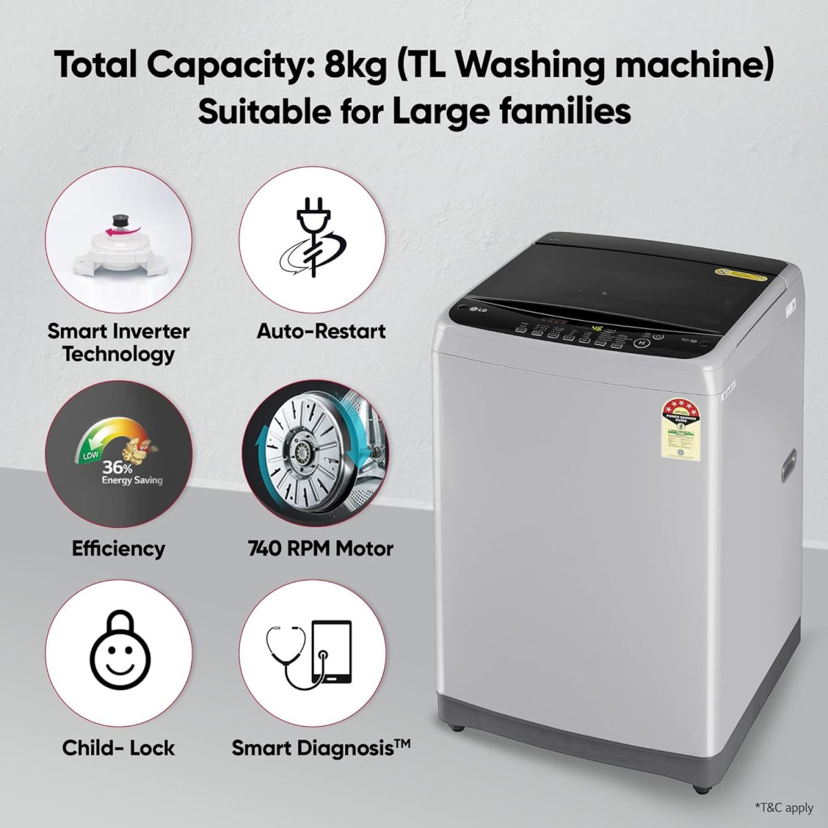 LG 8 Kg 5 Star Smart Inverter TurboDrum Fully Automatic Top Loading Washing Machine (T80SPSF1Z, Punch + 3, 2023 Model, Middle Free Silver) - Image 2