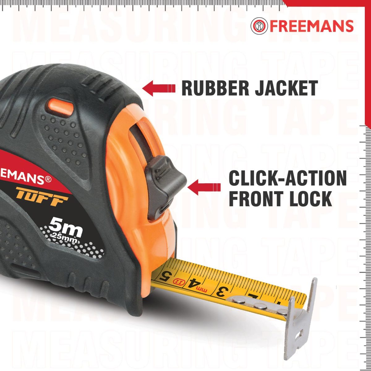 FREEMANS TUFF 5m:25mm Steel Inchi Measuring Tape - 5m with a Non Slip Rubber Covered ABS case || Double Side Printing || Click Action Front Lock and Belt Clip - Image 3