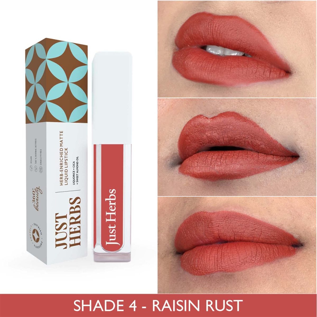 Just Herbs Ayurvedic Creamy Matte Long Lasting Liquid Lipstick, Lightweight & Hydrating Lip Colour with Liquorice & Sweet Almond Oil - Raisin Rust - Image 3