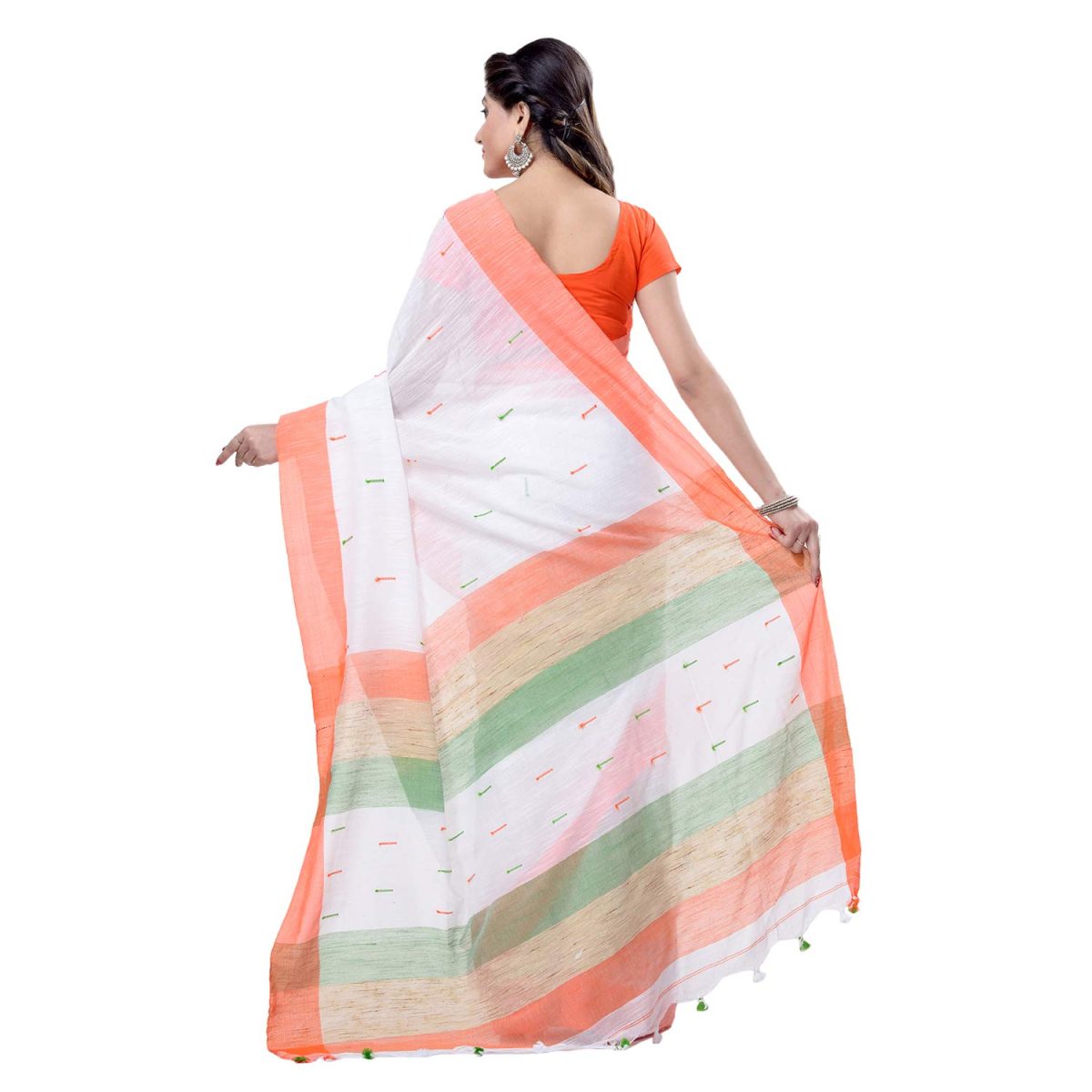 dB DESH BIDESH Women's Tri Color Pure Cotton Handloom Saree With Blouse Piece (Independance Day Saree Orange White Green) - Image 3