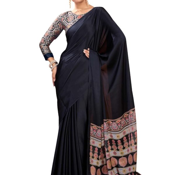 AKHILAM Women's Satin Silk Ajrak Printed Saree With Unstitched Blouse Piece (PURAJRKH001A_RJ_Parent)