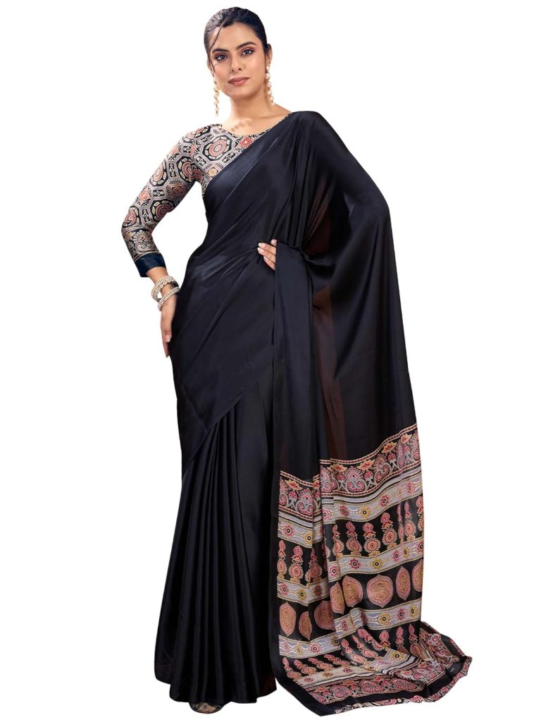 AKHILAM Women's Satin Silk Ajrak Printed Saree With Unstitched Blouse Piece (PURAJRKH001A_RJ_Parent)