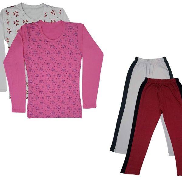 IndiWeaves Girls Cotton Full Sleeve Printed T-Shirts and Cotton Capri 3/4 Pants (White,Maroon,White,Pink,6-7 Years) Pack of 4