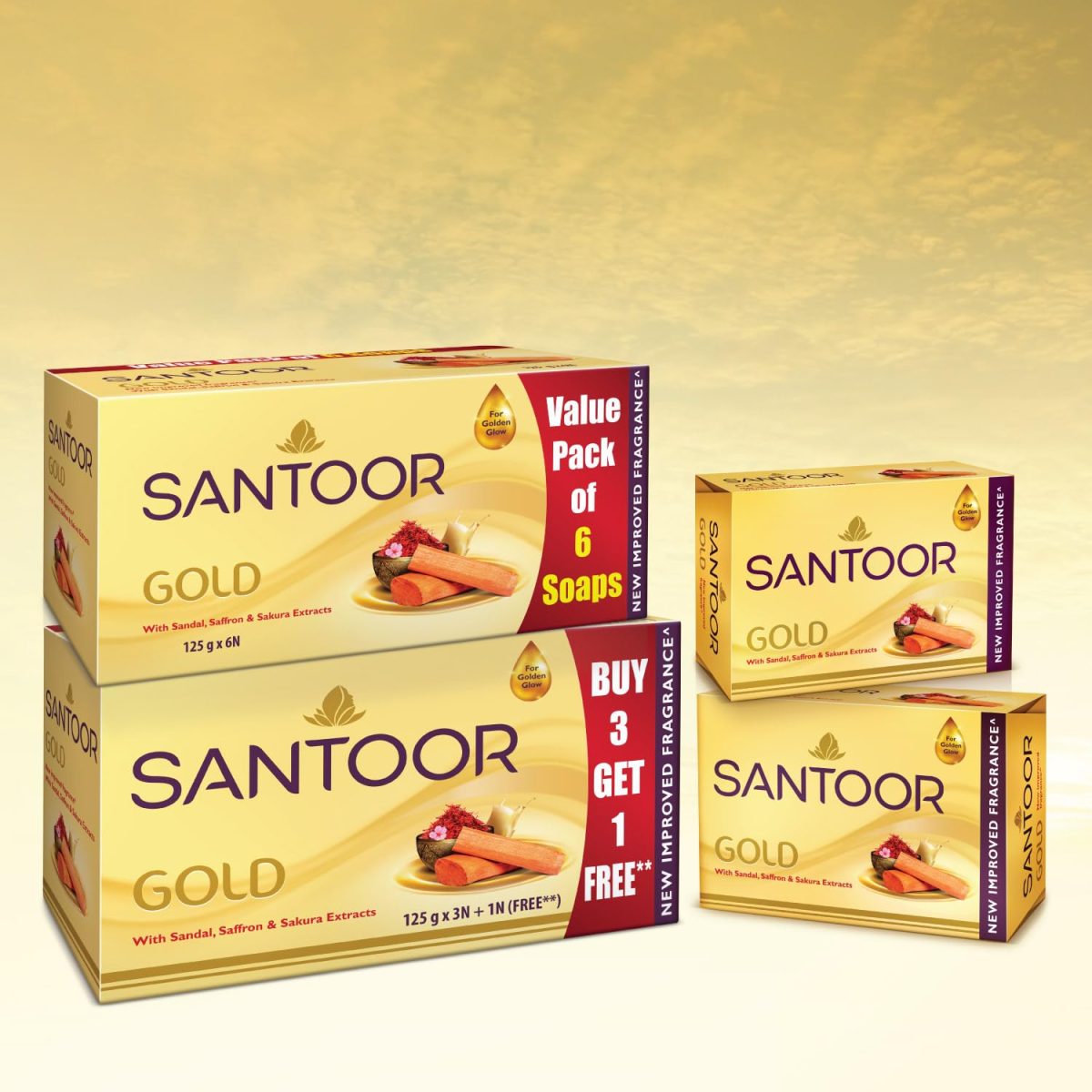 Santoor Gold Bathing Bar Soap with Kashmiri Saffron, Sandal & Sakura Extracts for Soft & Younger-Looking Skin| Gentle & Rich Lathering Formula with Refreshing Fragrance| For All Skin Types| 125g, Pack of 6 - Image 6