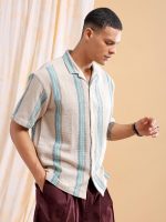 The Indian Garage Co Men's Cotton Relaxed Fit Striped Half Sleeves Cuban Collar Resort Wear Shirt - Image 5