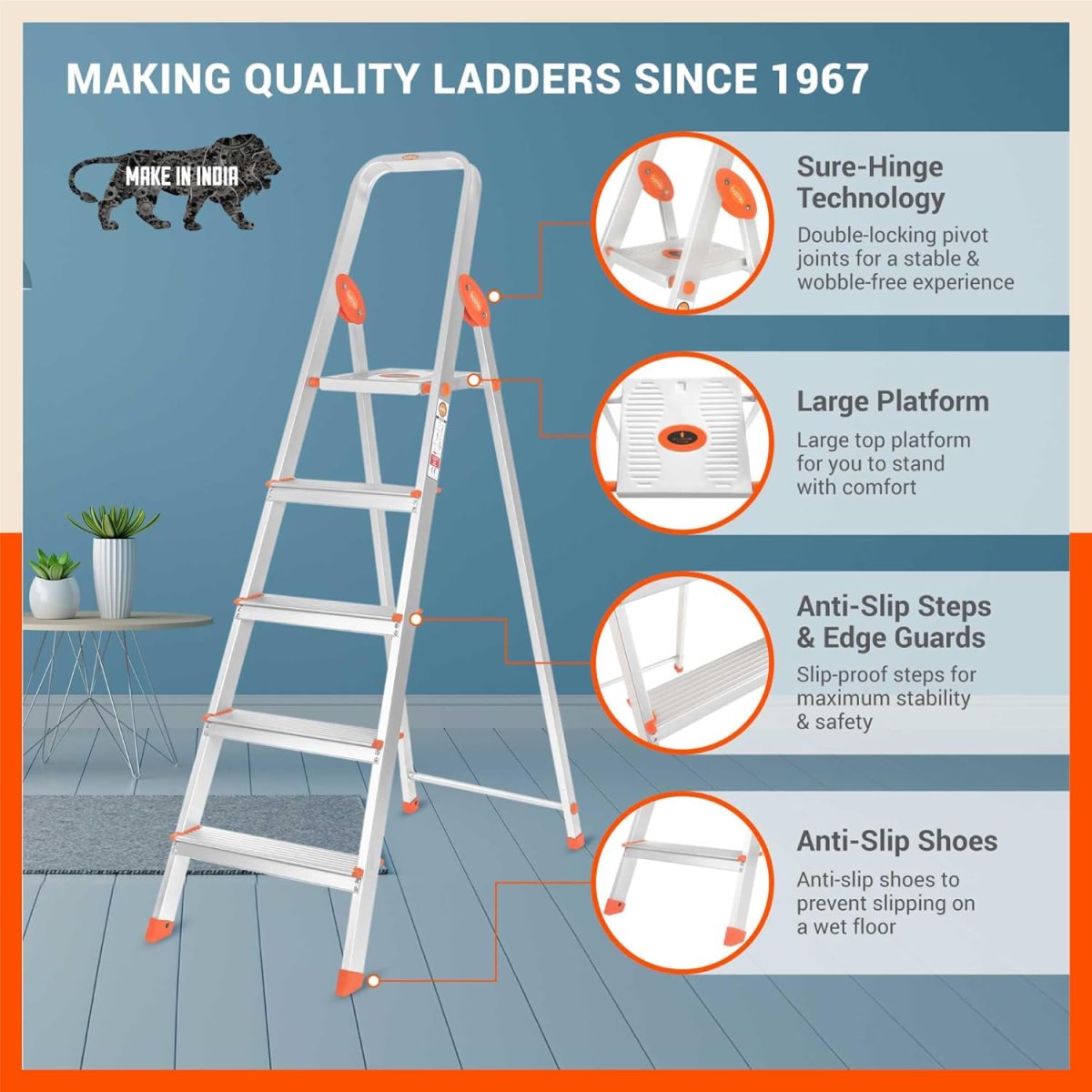 Bathla Advance 5-Step Foldable Aluminium Ladder for Home | Heavy Duty & Anti-Slip Steps | 5 Year Manufacturer Warranty | with Sure-Hinge Technology (Orange) - Image 2