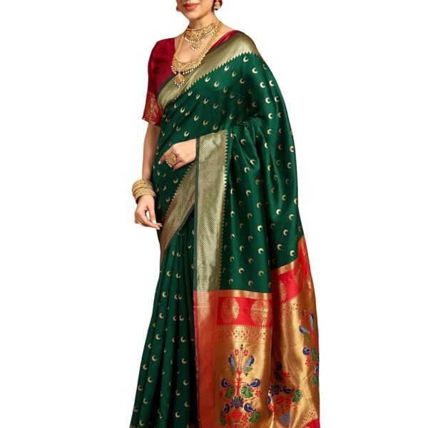 SIRIL Women's Paithani Silk Saree | Chandrakor Paithani Saree With Unstitched Blouse Piece