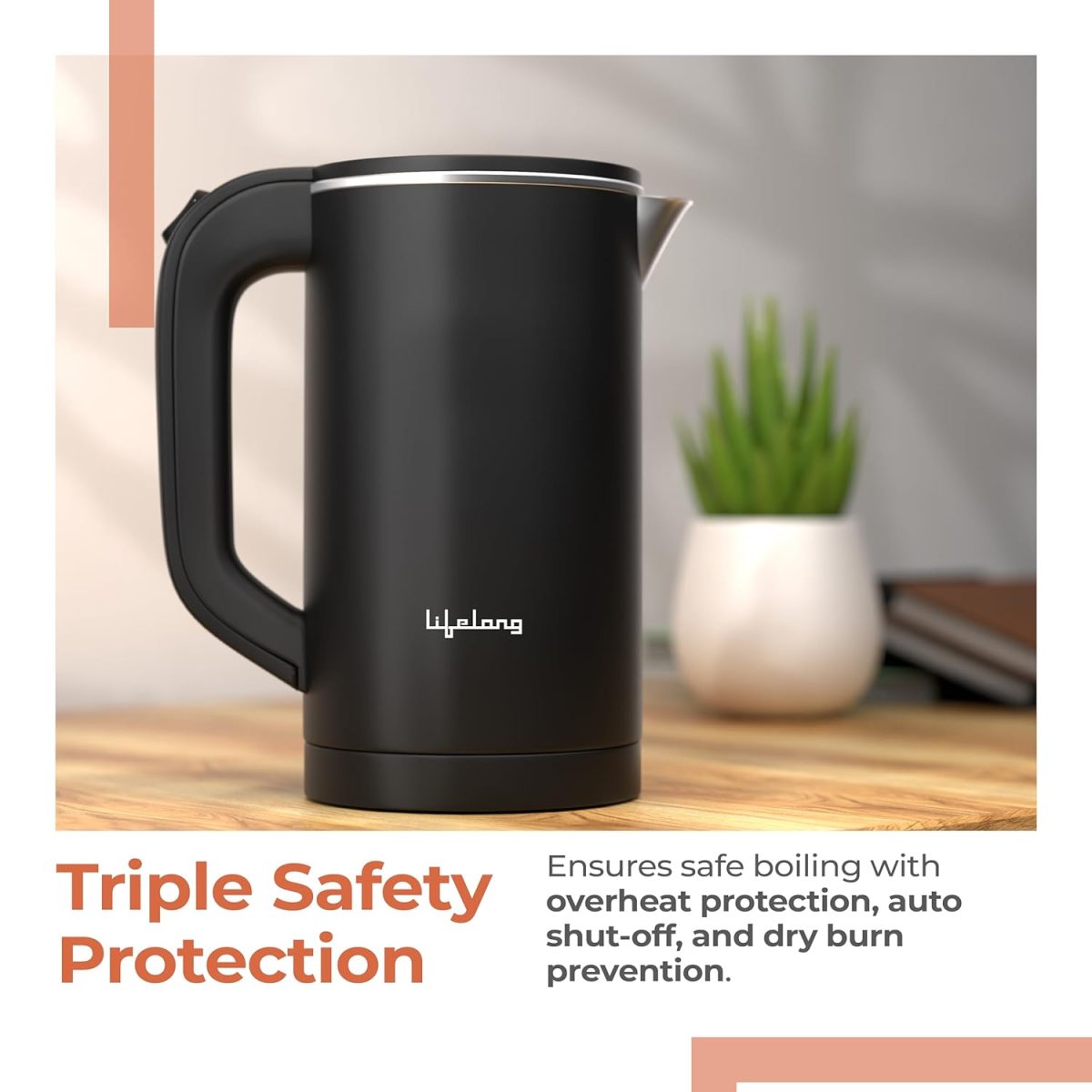 Lifelong Electric Kettle 0.8 Litre with 2 Cups | 600W Stainless Steel Kettle with Double Wall & Cool Touch Body, 360° Swivel Base, Water Level Indicator, Auto Shut-Off & Overheat Protection (Black) - Image 4