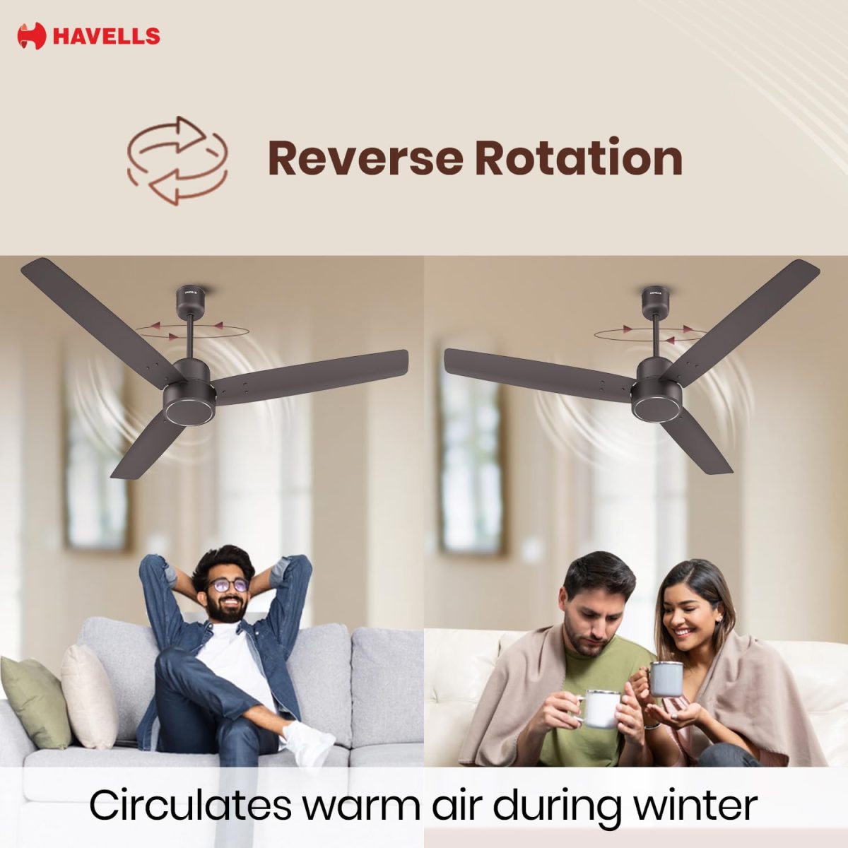 Havells FAB BLDC Ceiling Fan 1200mm, 350 RPM, Savings upto 65%, Reverse Rotation, 4 Modes (Boost, Sleep, Breeze, Mop), Low Wattage 30W, Low Noise, Air Flow:225 CMM, 3 Year Warranty, Cocoa Brown - Image 6