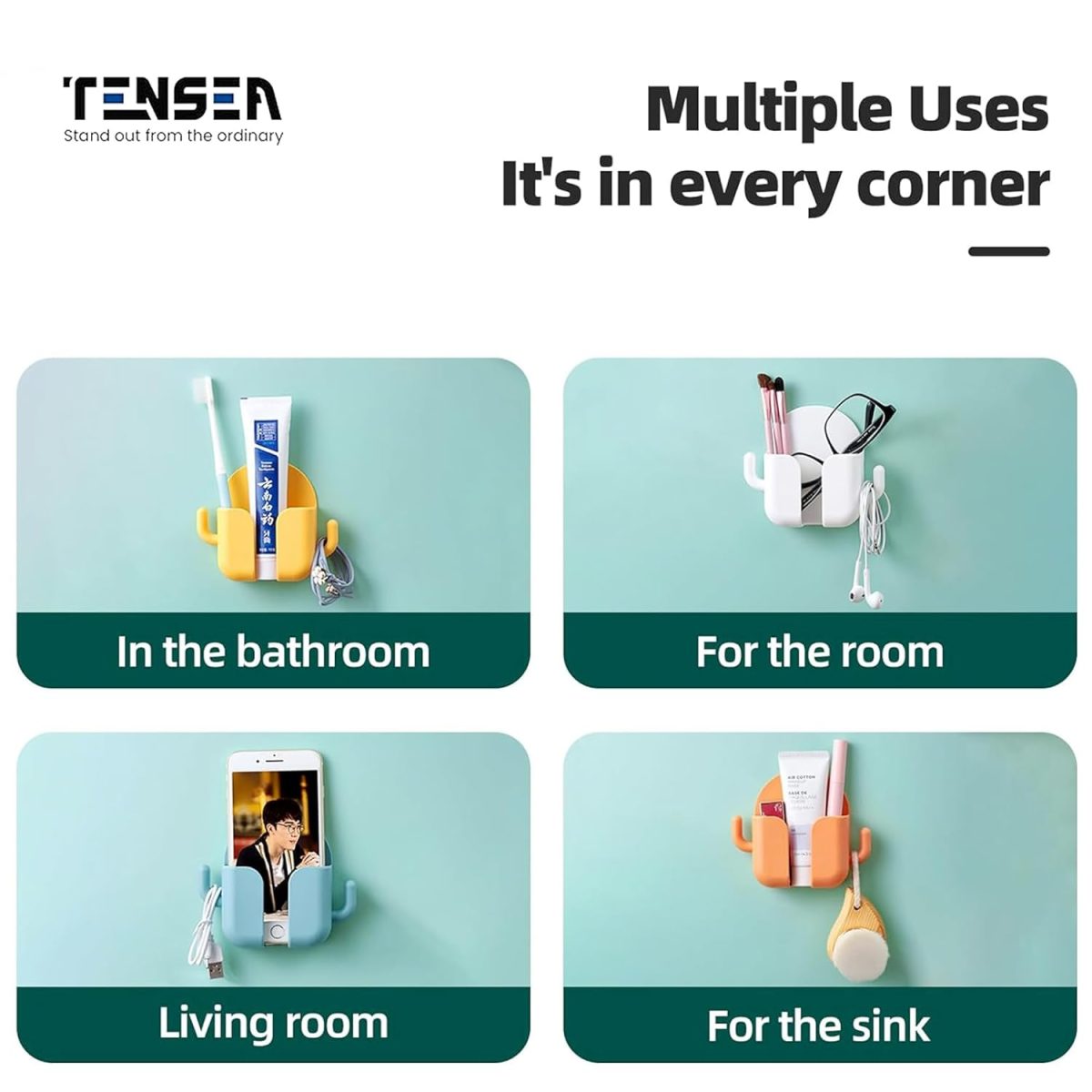 Tensea Pack Of 4 Wall Mount Phone Holder Mobile Charging Stand With 2 Hook Mobie Holder For Bedroom Bathroom Kitchen Shelves Office Table Top - Abs - Image 6