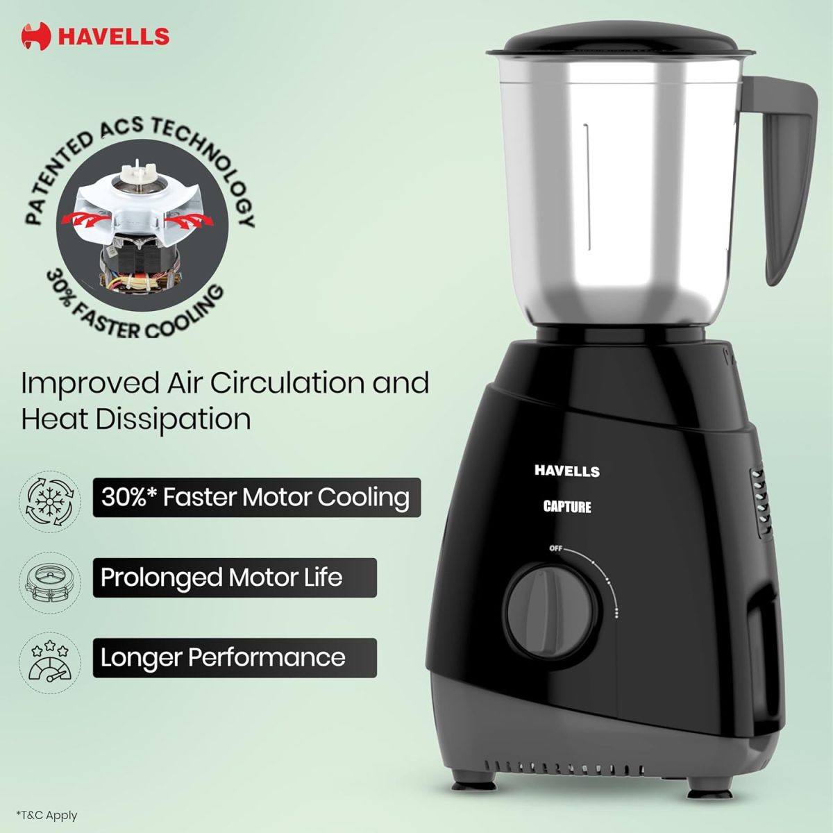 Havells Capture 500W Mixer Grinder 3 Stainless Steel Jars | 21000 RPM High-Speed Motor | Rust-Resistant 304 SS Blades | 1.5L Large Blending Jar | Overheat Protection | 1-Year Warranty (Black) - Image 4