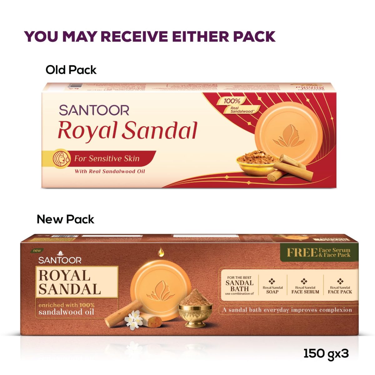 Santoor Royal Sandal Detan Pack | 3 Soaps (150g Each) + Free Serum (15ml) + Free Face Pack (20g) | 100% Sandalwood Oil & Powder | 3-Step Natural Detan | Reduces tan, Improves complexion, Even Skin Tone & Glow - Image 4