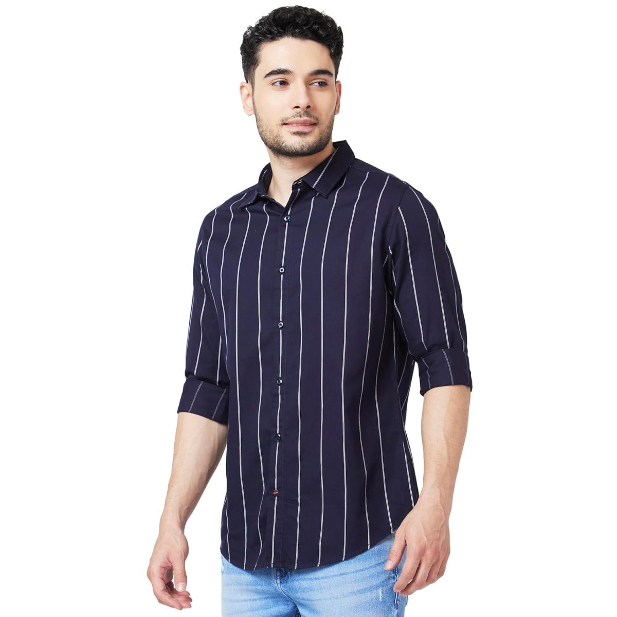 Spykar Men Navy Blue Cotton Slim Fit Full Sleeve Striped Shirt - Image 4