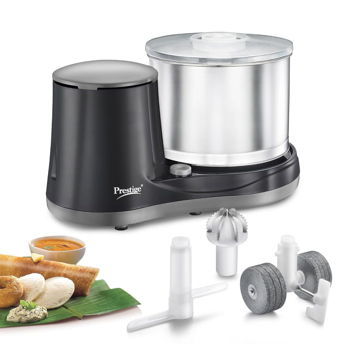 Prestige Ultima Pro 2 Litre Table Top Wet Grinder |200 Watts Heavy Duty Motor|Coconut Scraper Attachment|Atta Kneader Attachment|Stainless Steel Drum|2 Years Warranty|Grey & Black - Image 6