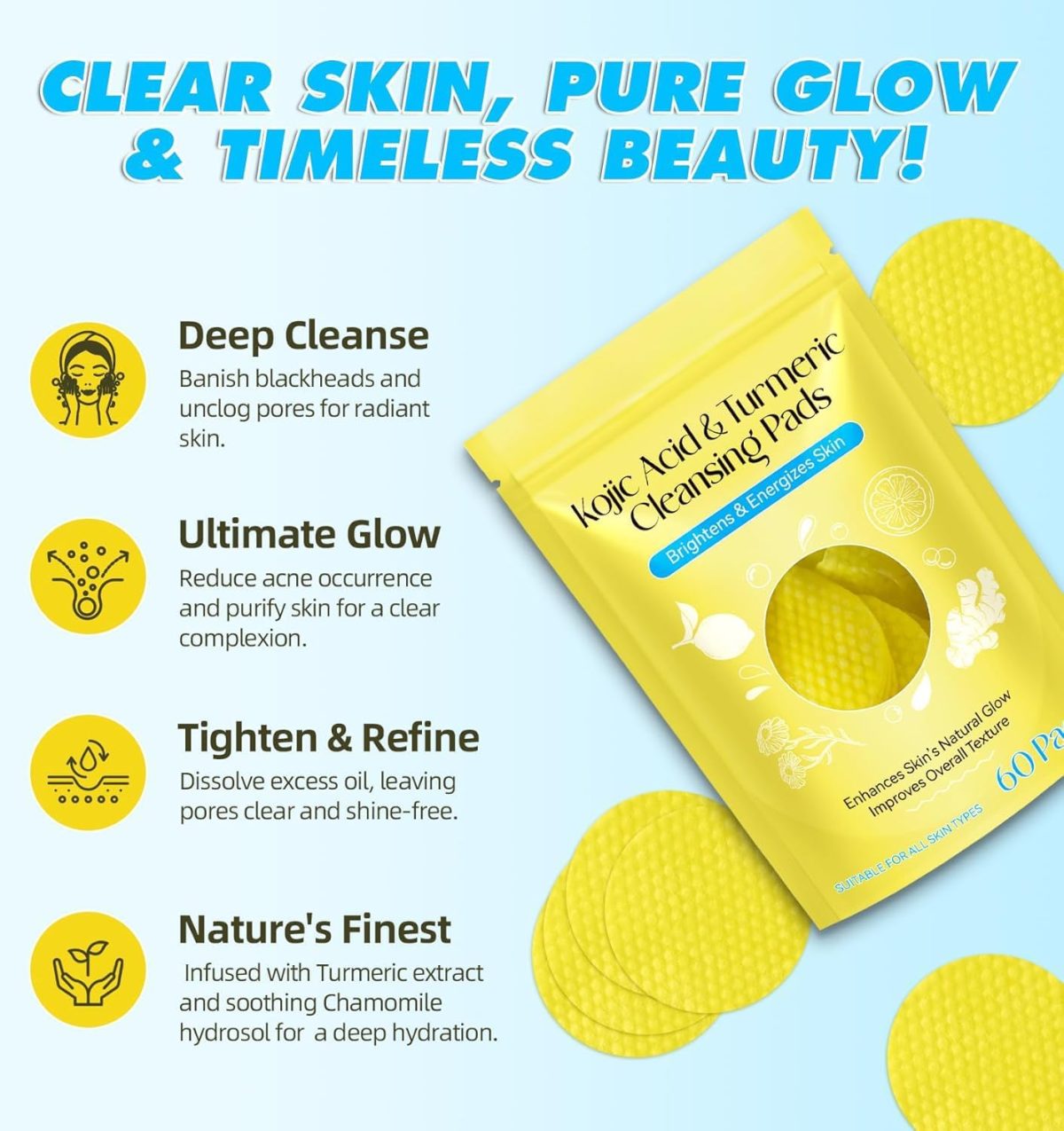 Kojic Acid and Turmeric Cleansing Pads for Dark Spots, Skin Brightening & Acne Prevention, with Vitamin B5, Vitamin C, Turmeric Infused Foaming Exfoliating Pads, for Face for All Skin Types -60PCS (Pack of 1 (60Pcs)) - Image 5
