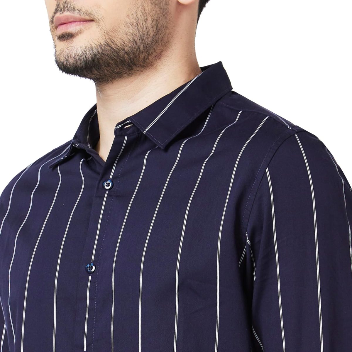 Spykar Men Navy Blue Cotton Slim Fit Full Sleeve Striped Shirt - Image 5