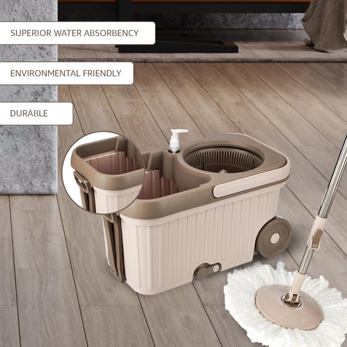 Presto! Plastic Elite Spin Mop with Bigger Wheels and Auto- Fold Handle, Chestnut, 2 Refills - Image 4