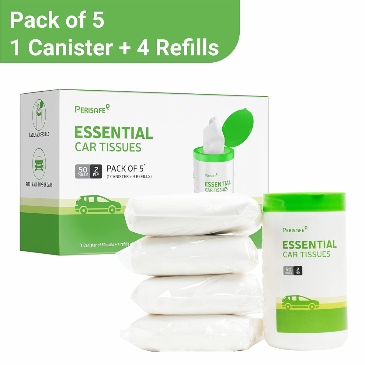 Perisafe Essential Car Tissues Pack of 5 (50 pulls 2 ply–250 pulls) | Fits in All Type of Car Cup Holder| Easily Accessible |Soft, Eco Friendly & Chemical Free |1 Canister of 50 pulls + 4 Refill - Image 3