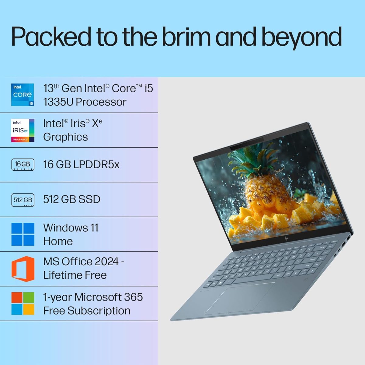 HP Pavilion Plus, 13th Gen Intel Core i5-1335U Laptop, (16GB LPDDR5x,512GB SSD), IPS, 300 nits, 14''(35.6cm) 2K,Win 11, M365 Basic(1yr), Office Home 24, Blue,1.38kg, 5MP Camera w/Shutter,ew0108TU - Image 2