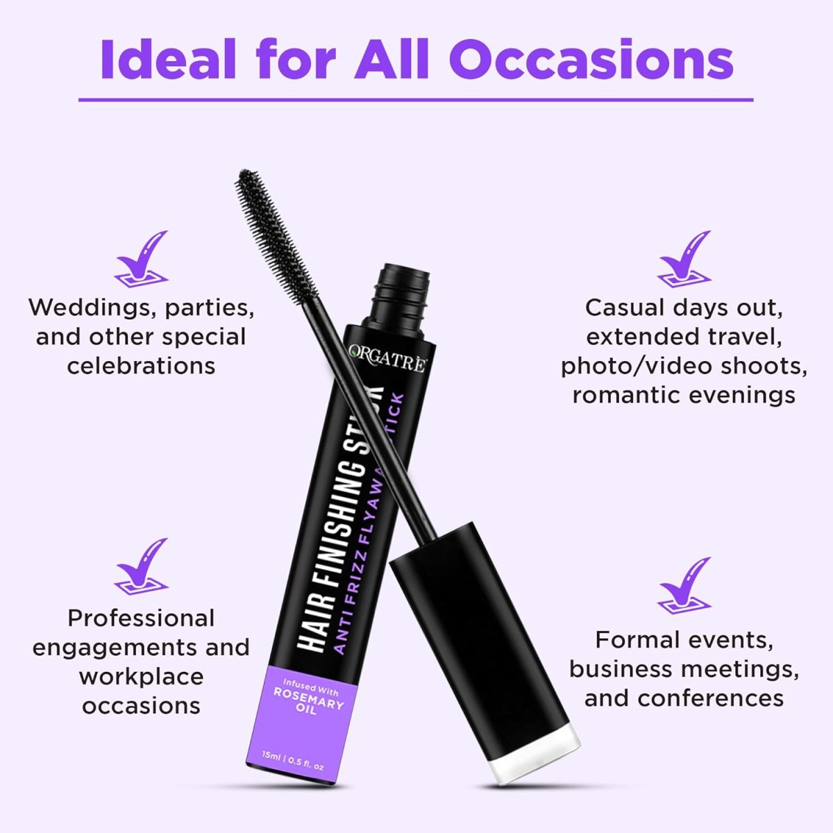 ORGATRE Frizz Free Hair Finishing Stick – Anti‑Frizz Hair Wax Wand for Flyaways, Non‑Sticky, Non‑Greasy Hold, Baby Hair Control & Edge Tamer, Rosemary Infused 15 ml - Image 4