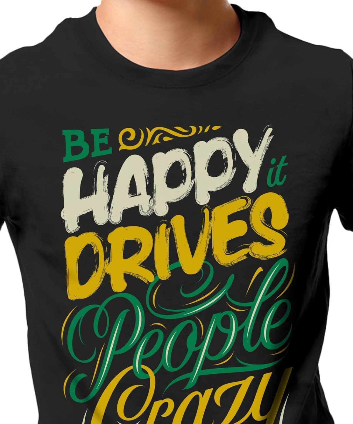 THREADCURRY Crazy Happy People | Funny Motivational Inspirational Quote Cotton Graphic Printed Tshirt for Boys Black - Image 3