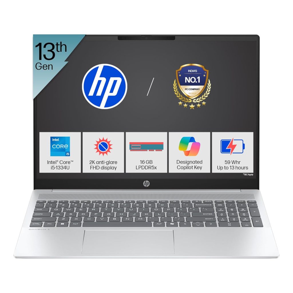HP OmniBook 5 (Previously Pavilion) 13th Gen Intel Core i5 1334U (16GB LPDDR5X,512GB SSD) 2K,IPS, 300nits, 16''/40.6cm, Win11,M365 Basic(1yr),Office Home24, Silver,1.79kg, Camera w/Shutter, ba1008TU