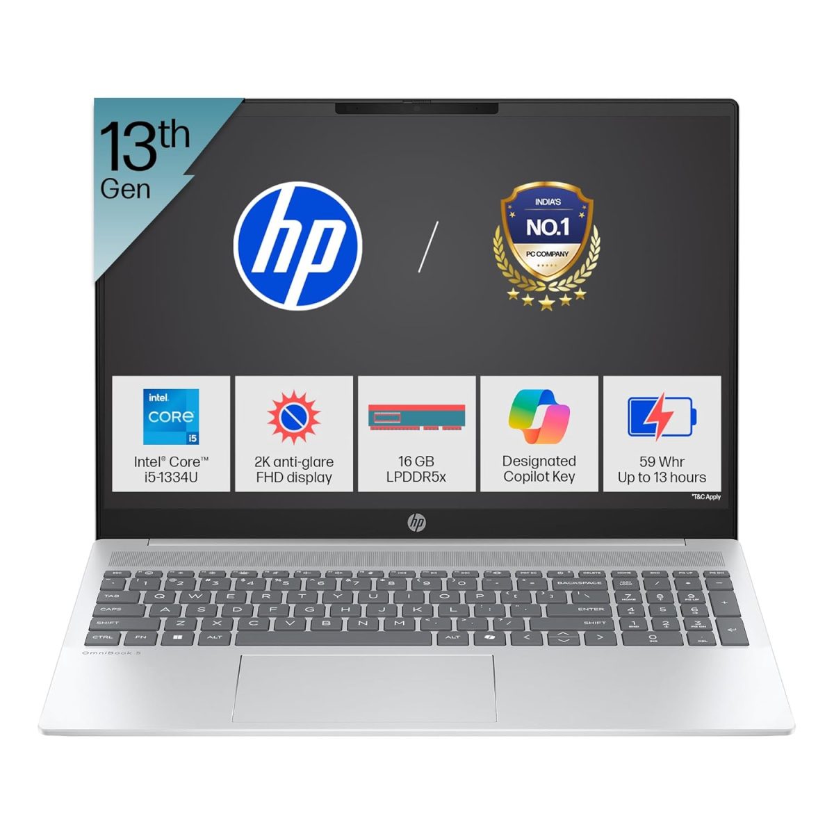 HP OmniBook 5 (Previously Pavilion) 13th Gen Intel Core i5 1334U (16GB LPDDR5X,512GB SSD) 2K,IPS, 300nits, 16''/40.6cm, Win11,M365 Basic(1yr),Office Home24, Silver,1.79kg, Camera w/Shutter, ba1008TU