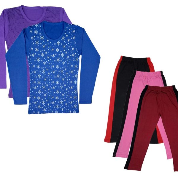IndiWeaves Girls Cotton Full Sleeve Printed T-Shirts and Cotton Capri 3/4 Pants (Black,Pink,Maroon,Purple,Blue,11-12 Years) Pack of 5
