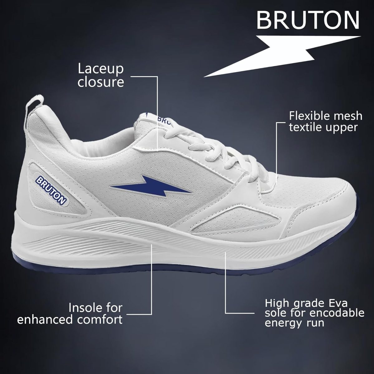 BRUTON EVA Lite Sports Running,Walking & Gym, School Shoes Lightweight Extra Jump Casual Sneaker Lace-Up Shoes for Men's & Boy's - White - Image 3