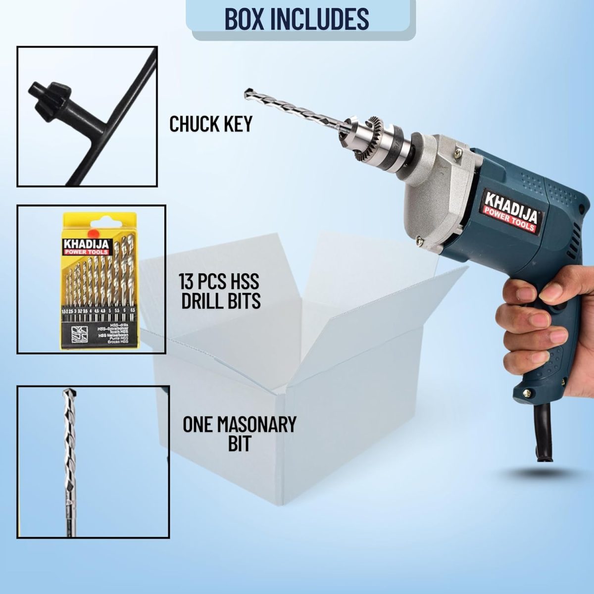 KHADIJA Drill Machine 10mm With Free 13Pcs HSS Drill Bits & 1Pc Masonary Bit Combo 6 Months Warranty (Blue) - Image 6