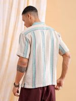 The Indian Garage Co Men's Cotton Relaxed Fit Striped Half Sleeves Cuban Collar Resort Wear Shirt - Image 4