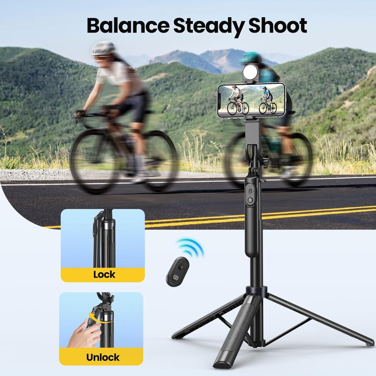 KINGONE Long Selfie Stick with Tripod Stand Aluminum 71inch/180cm, 360° Degree Rotation Selfie Stick Tripod for Phone, Rechargeable Remote & LED Fill Light, 1/4" Screw for Camera Gopro for Vlogging - Image 3