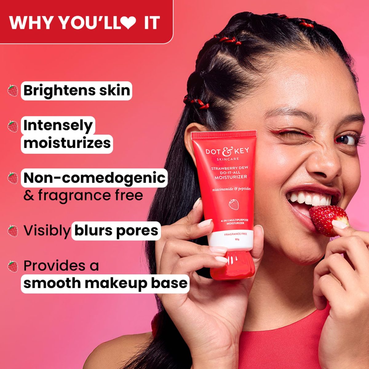 Dot & Key Strawberry Brightening Moisturizer | Niacinamide, Peptides & Hyaluronic Acid, Non-sticky, Brightens Skin, Intense Moisturization | Non-Comedogenic & Fragrance Free, Lightweight | 80g - Image 2