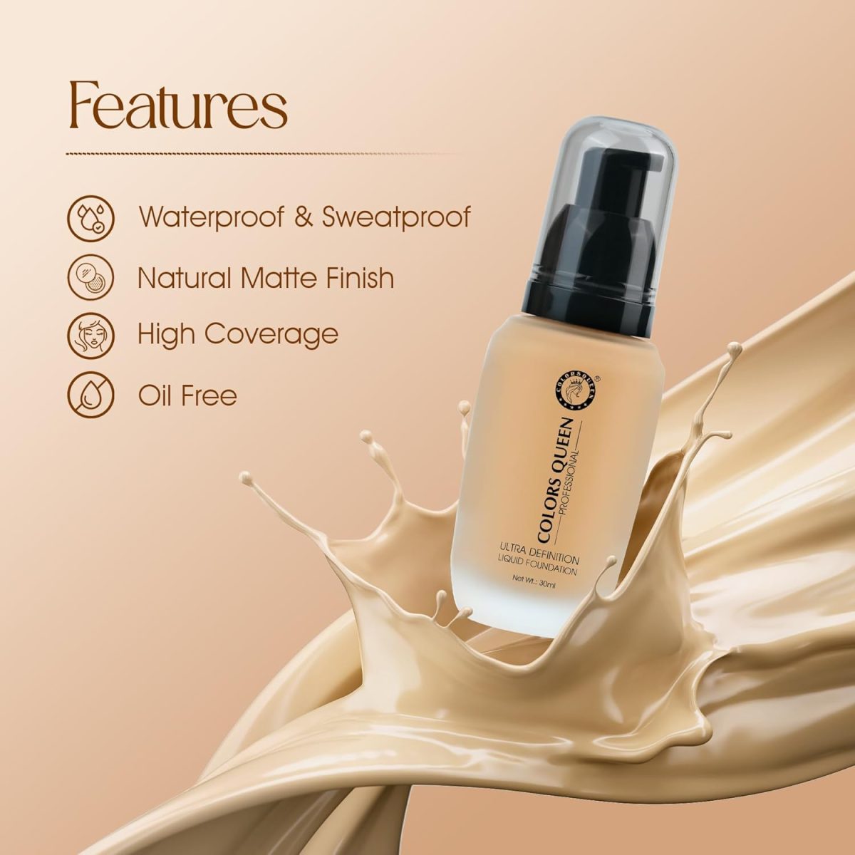 Colors Queen Ultra Definition Liquid Foundation | Lightweight & Long Lasting Full Coverage with Dewy Finish | Easy to Blend, Waterproof & Sweat Proof Foundation for Face Makeup (Custard, 30ml) - Image 2
