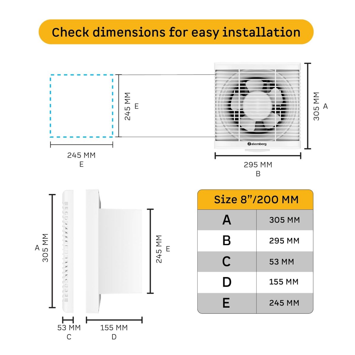 atomberg Efficio Exhaust Fan 200mm (8 Inches) | BLDC Motor | 20W | Low Noise | 1600 RPM | Ideal for Bathroom,Kitchen | Easy to Clean | Installation-Square Cut (245mm) | 2 Years Warranty (Gloss White) - Image 5
