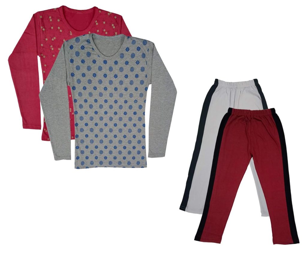 IndiWeaves Girls Cotton Full Sleeve Printed T-Shirts and Cotton Capri 3/4 Pants (White,Maroon,Maroon,Grey,6-7 Years) Pack of 4