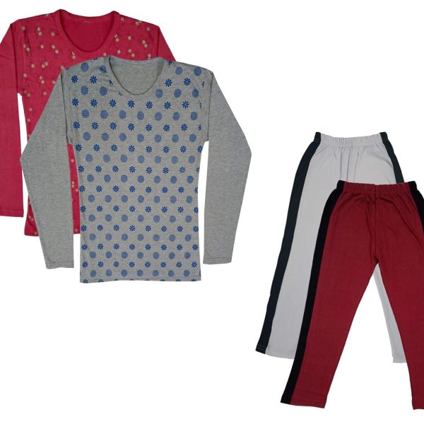IndiWeaves Girls Cotton Full Sleeve Printed T-Shirts and Cotton Capri 3/4 Pants (White,Maroon,Maroon,Grey,6-7 Years) Pack of 4