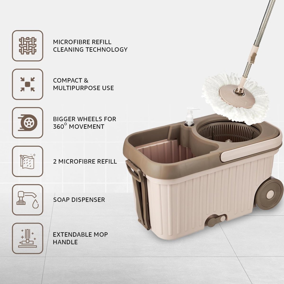 Presto! Plastic Elite Spin Mop with Bigger Wheels and Auto- Fold Handle, Chestnut, 2 Refills - Image 2