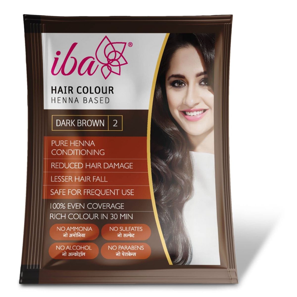Iba Hair Colour for Women - Dark Brown, 70g (Pack of 2) | 100% Pure Henna Based Powder Sachet | Natural Hair Colour & Long Lasting with Conditioning Formula| Reduced Hair Fall & Hair Damage | Shine & Nourish Hair | Free from Ammonia and Other Harmful Chemicals | Herbal Hair Powder for Hair Color | Dark Brown Henna - Image 2